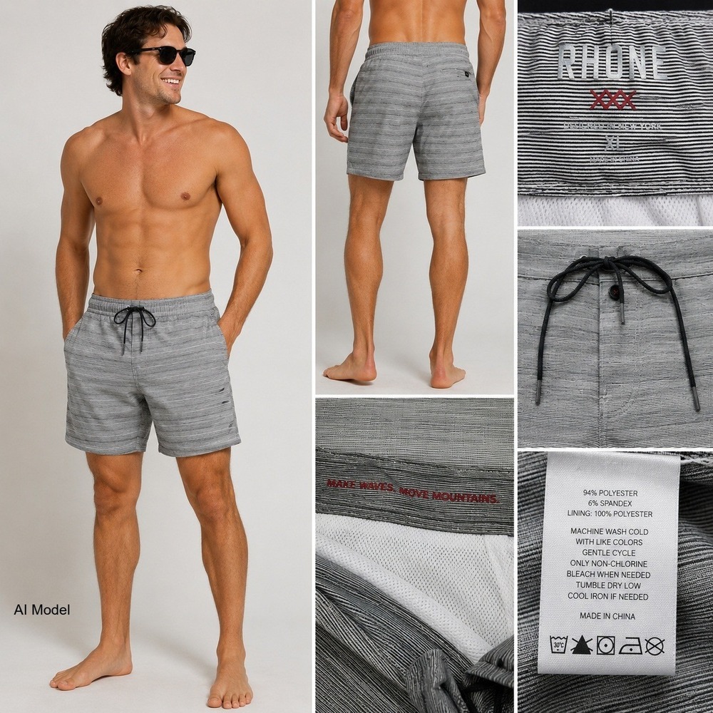 Rhone Swim Trunks Men size 30 Gray Striped Drawstring Board Shorts Beach Boating